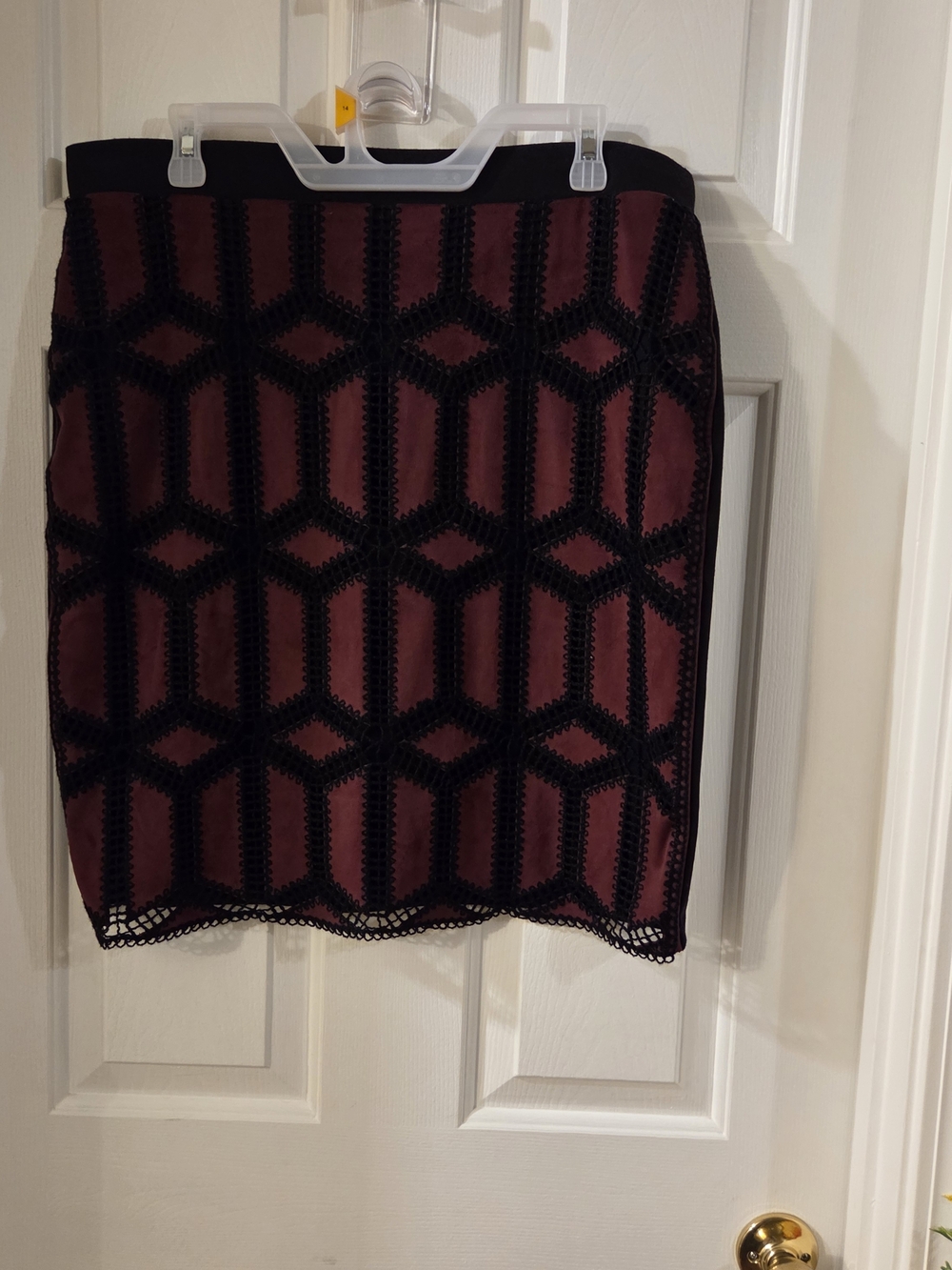 Cato Burgundy Pencil Skirt with Black Geometric Lace
